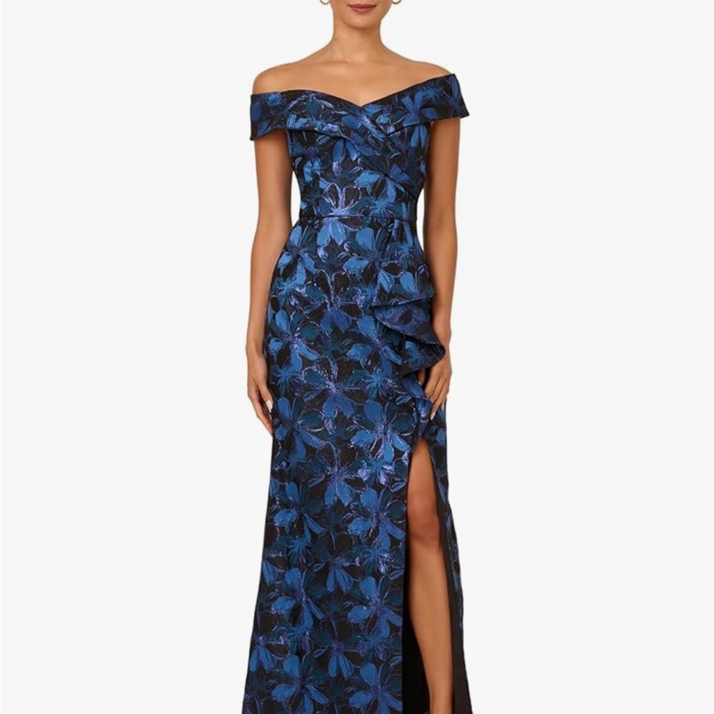 Adrianna Papell Blue Floral Off-Shoulder Maxi Dress